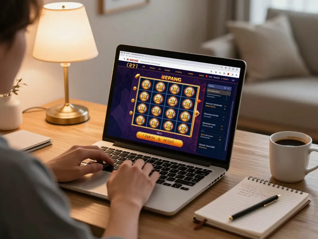 Playing slot server jepang games on a laptop in a stylish home office