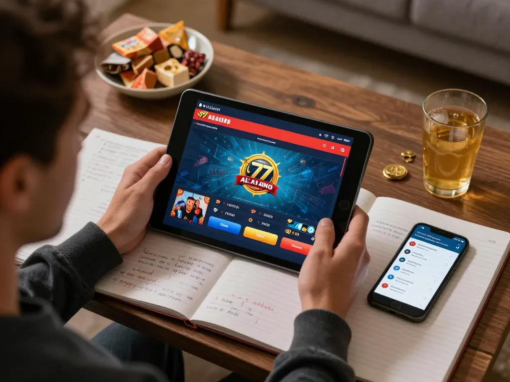 Player enjoying the alexis77 gaming app on tablet with cozy snacks, emphasizing an engaging online experience.