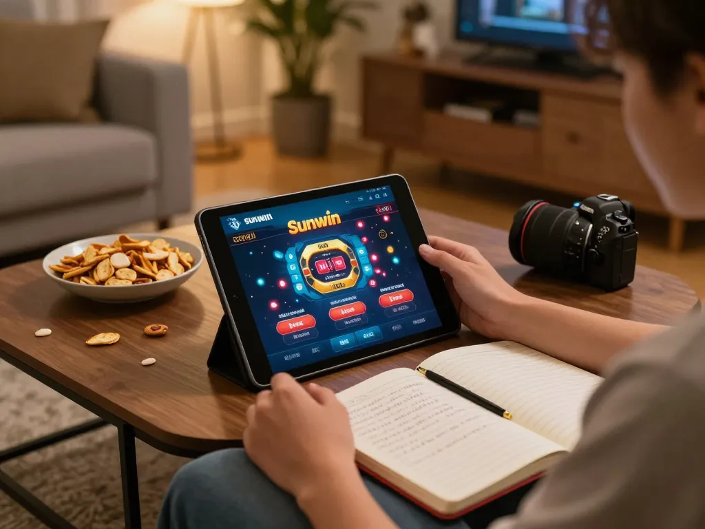 TẢI SUNWIN and enjoy immersive gaming from home with a tablet in a cozy setting.