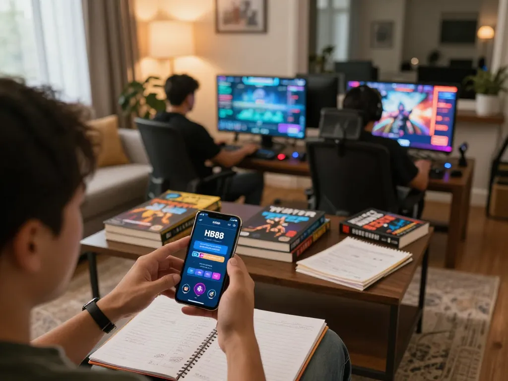 Engaging with HB88 mobile app for online gambling in a cozy home setting.