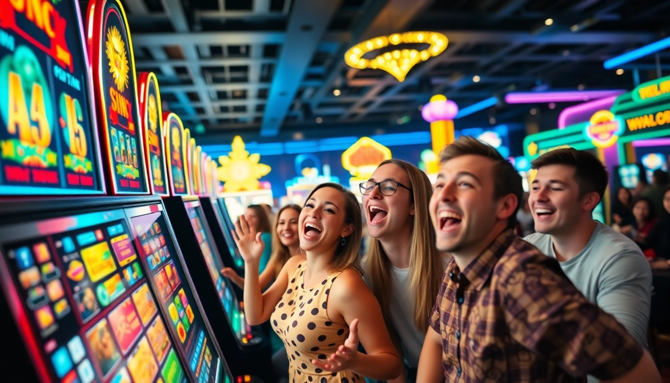 Experience the excitement at Vegas hero with diverse players celebrating wins amidst bright neon lights.
