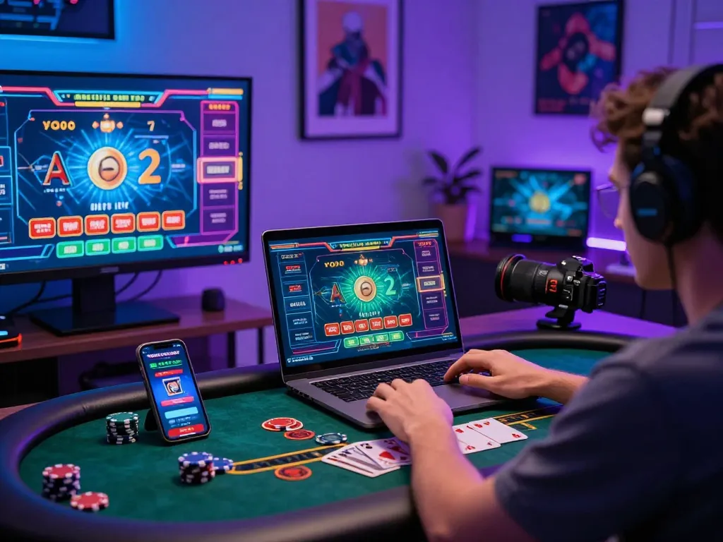 Engaging scene of a player using a 바카라사이트 at home, with vibrant graphics and gaming gear.