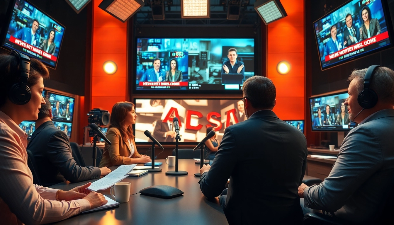 Engaging news discussion among professionals in a dynamic newsroom.