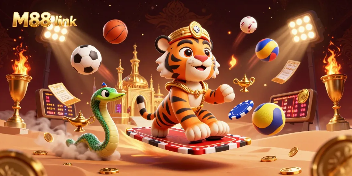Engage in thrilling bets with M88 link while exploring a vibrant 3D casino scene.