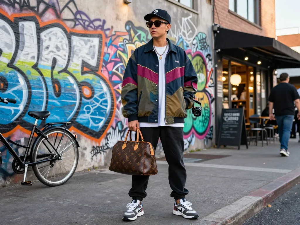 Stylish individual showcasing 레플리카 fashion accessories against urban graffiti backdrop.