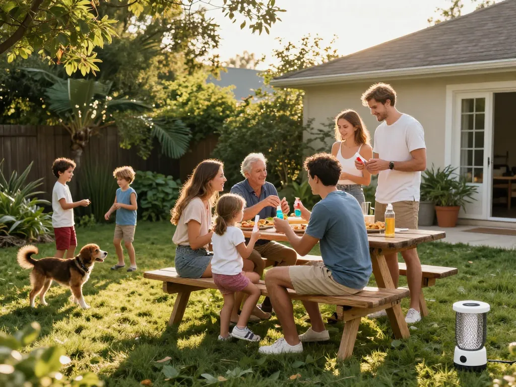 Family applying mosquito repellent while enjoying a backyard barbecue, ensuring a pest-free outdoor experience