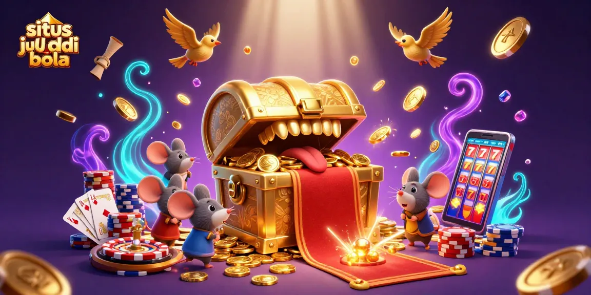 Win big at situs judi bola with playful casino characters featuring treasure chests and riches.