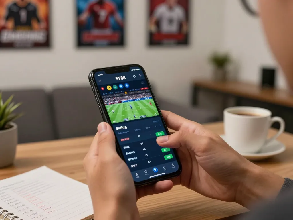 Engaging sports betting action on SV88 app in a stylish home office setting.