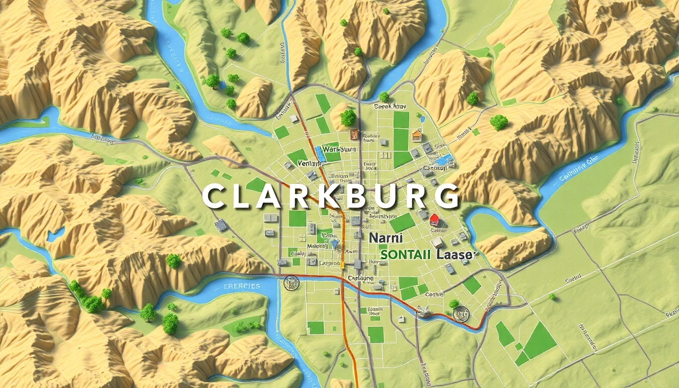 Visual representation of the Clarksburg California map highlighting roads and landmarks.