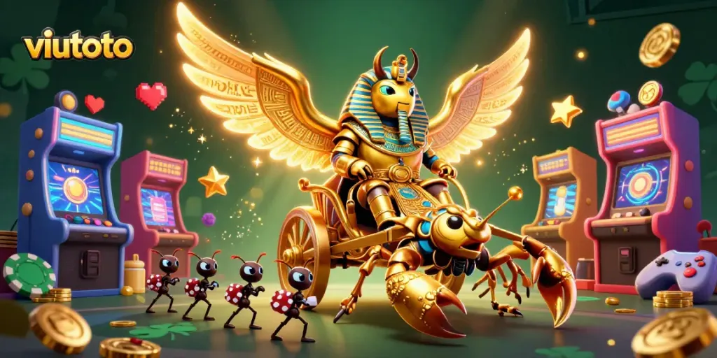 Viutoto menghadirkan ilustrasi kasino dengan scarab emas dan chip poker dalam permainan yang menegangkan.