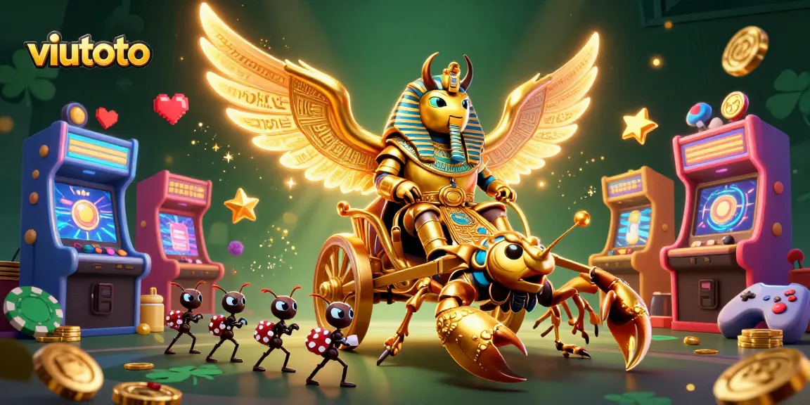 Viutoto menghadirkan ilustrasi kasino dengan scarab emas dan chip poker dalam permainan yang menegangkan.