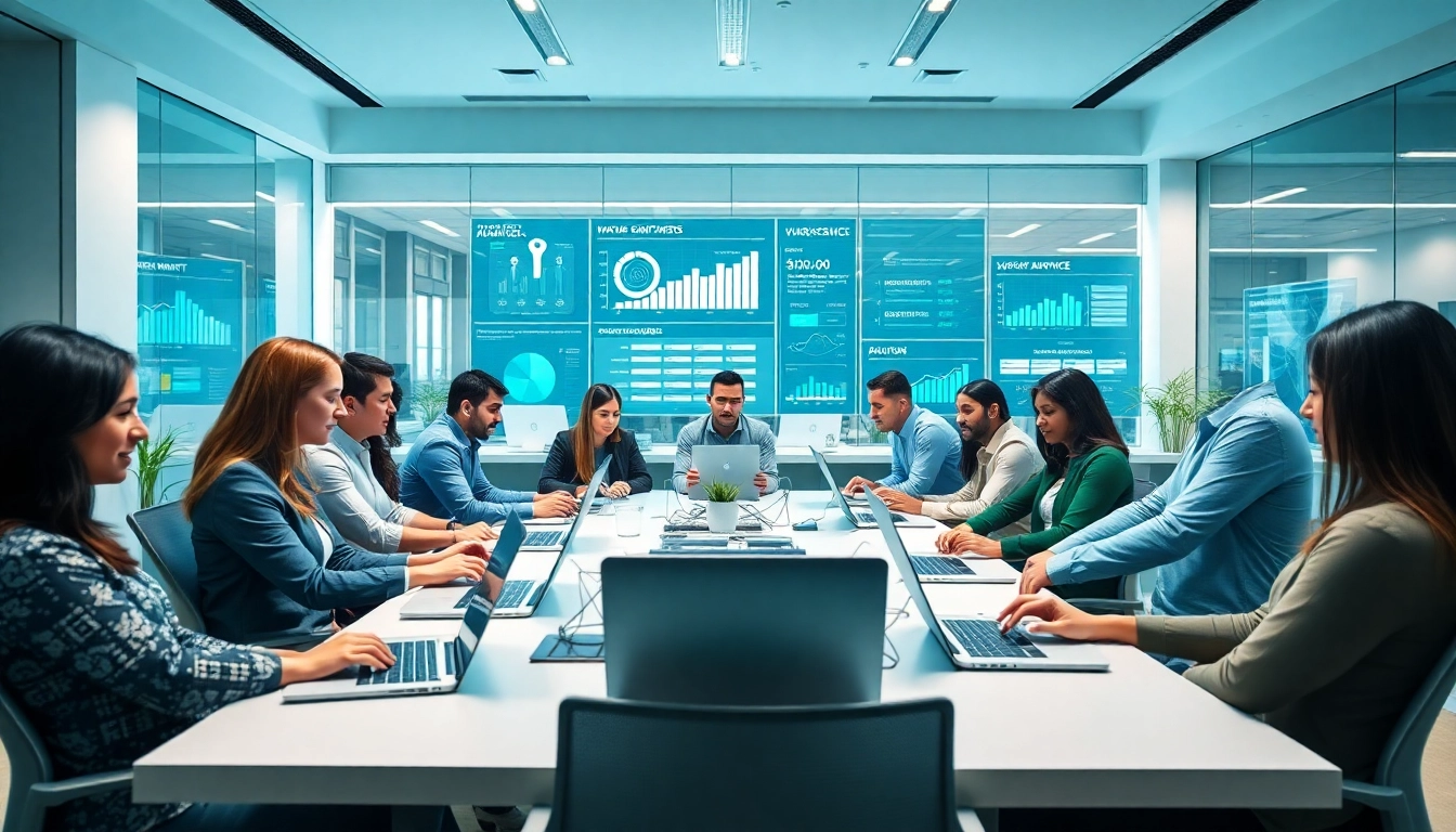 Showcasing a digital first warranty company workspace with diverse employees collaborating.