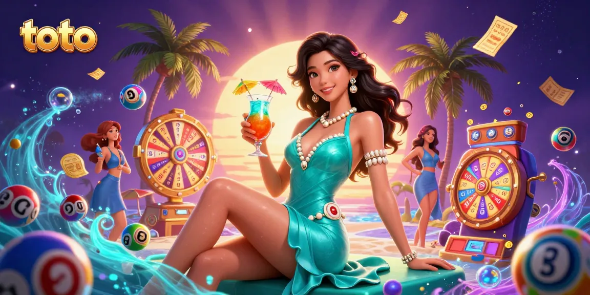 Place bets and win with toto-themed colorful lottery balls and prizes in a vibrant casino scene.