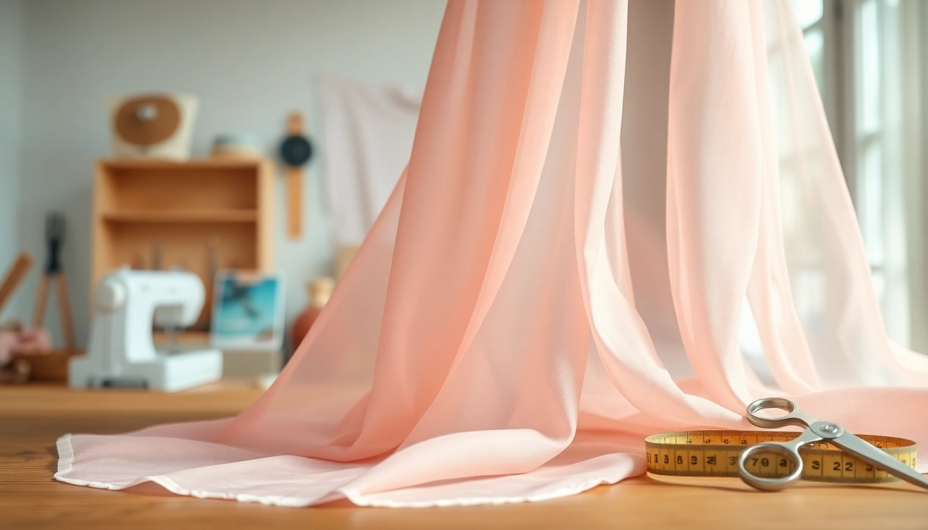 Chiffon fabric draped beautifully in a sewing studio setting, highlighting its softness and elegance.