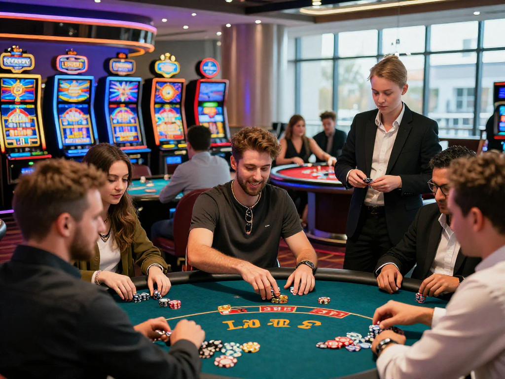 Experience the excitement of the best EU online casinos with players enjoying vibrant games in a lively atmosphere.