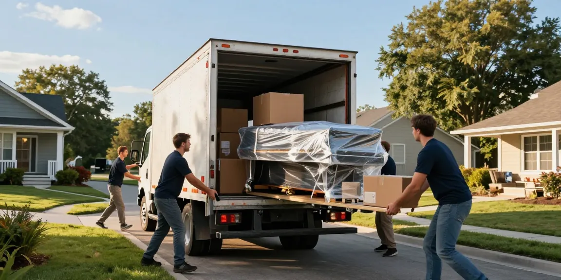 Men on Mission LLC team efficiently loading furniture and a piano into a moving truck, showcasing professionalism and care.