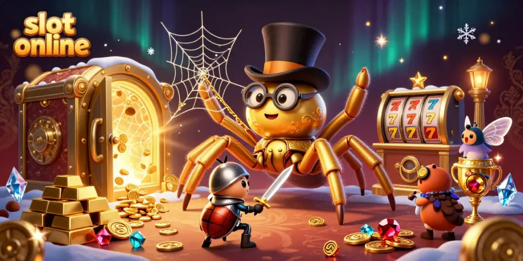 Experience the thrill of slot online with golden treasures and animated characters at a festive casino.