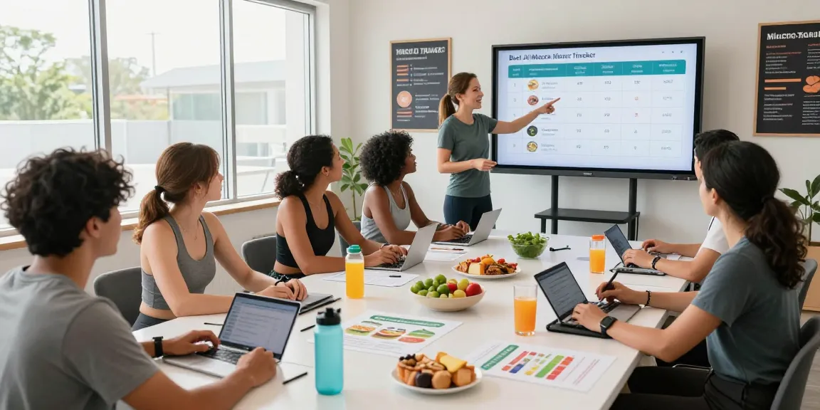 Participants engaged in a macro tracking workshop using the best AI macro tracker apps in a bright, modern fitness studio.