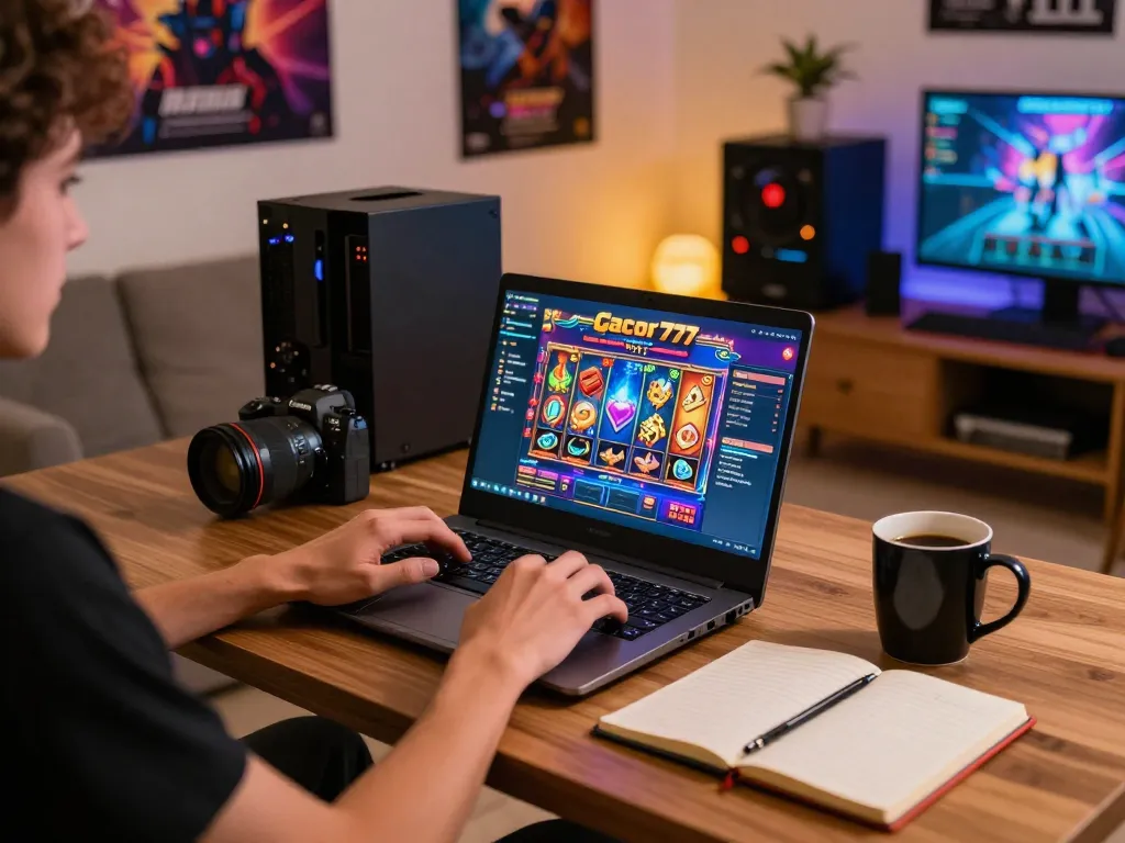 Player enjoying an exciting slot gacor 777 game on laptop, emphasizing strategic online gaming.