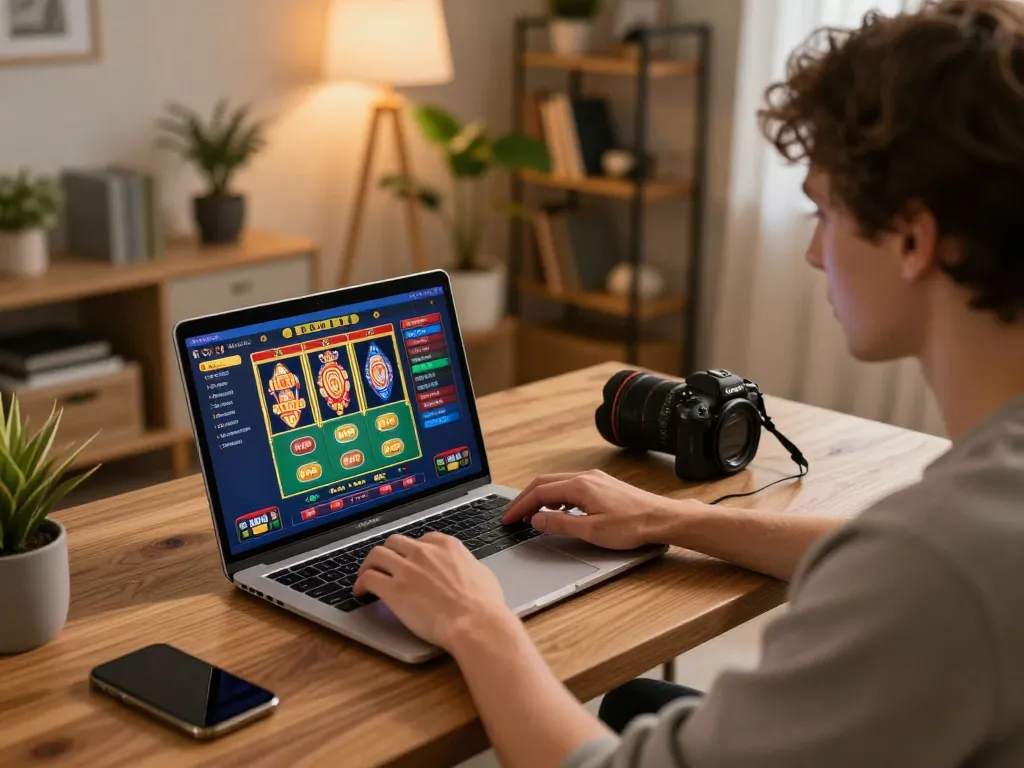 Engaging with online casino games using a laptop in a cozy home office, experiencing casino senza licenza adm thrills.