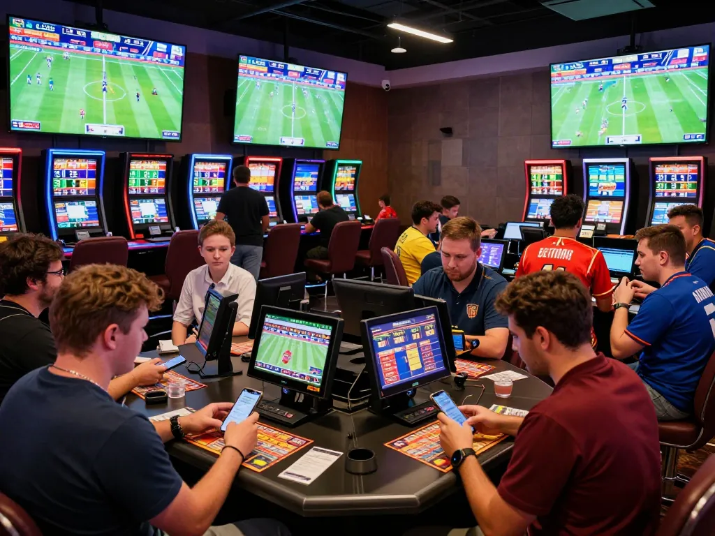 Lịch Thi Đấu sports betting scene with patrons analyzing odds and engaging in dynamic betting activities.