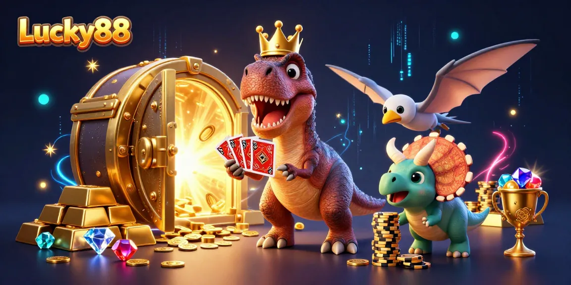 Engage with Lucky88 as a T-Rex deals cards, a pterodactyl assists, and chips stack high.
