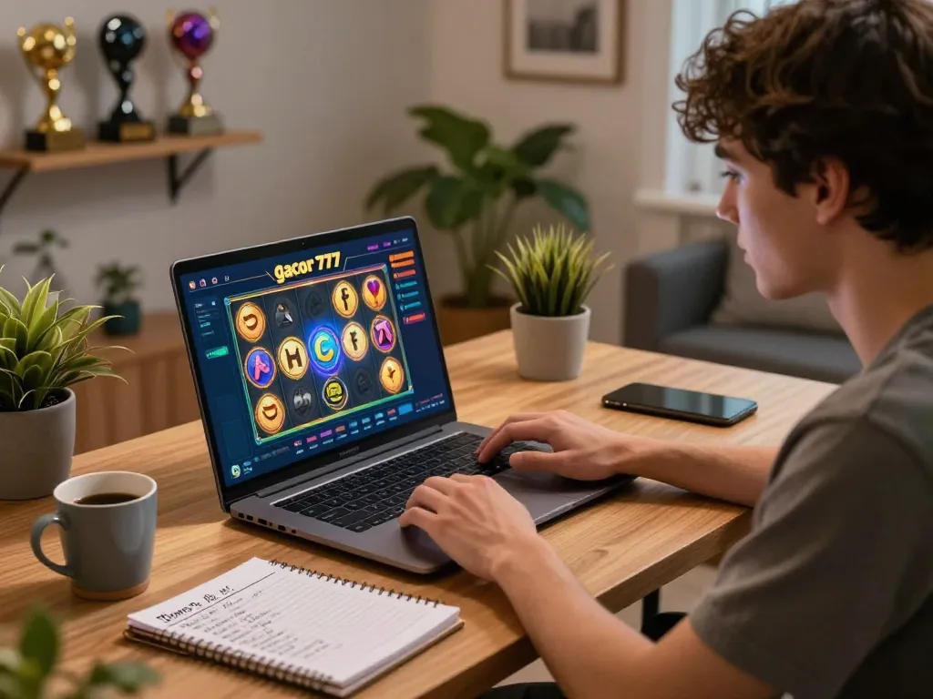 Player focused on slot gacor 777 game on laptop, showcasing strategic bankroll management notes.