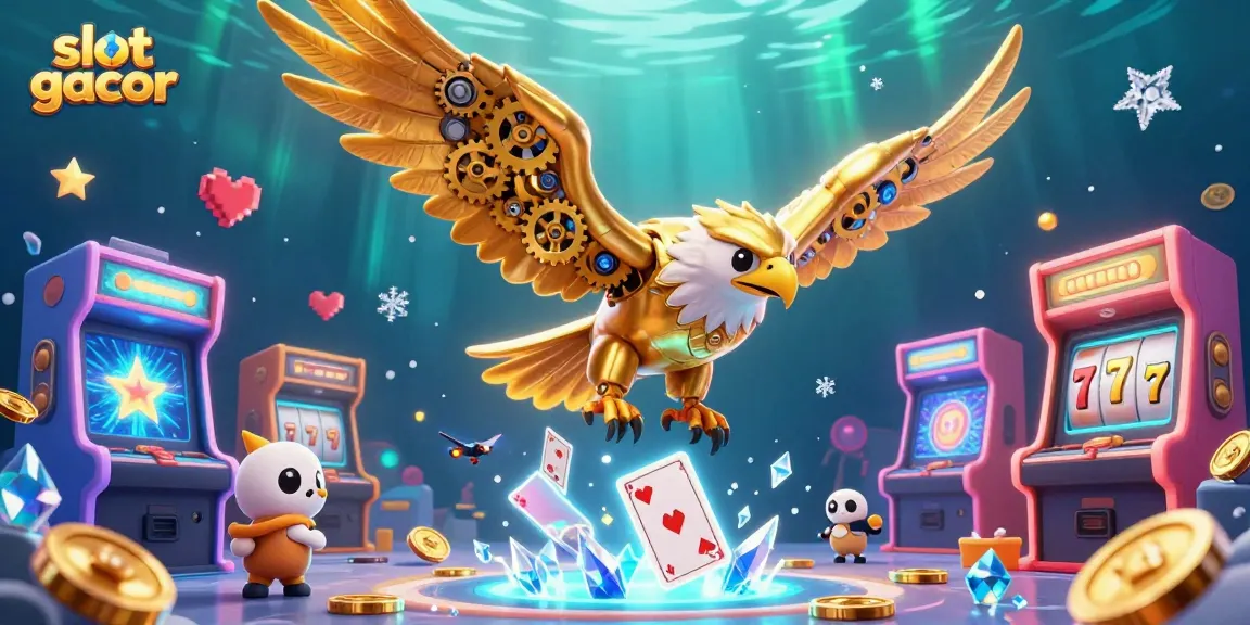 Experience the thrill of slot gacor with a 3D illustration of a golden eagle amidst arcade games and slot reels.