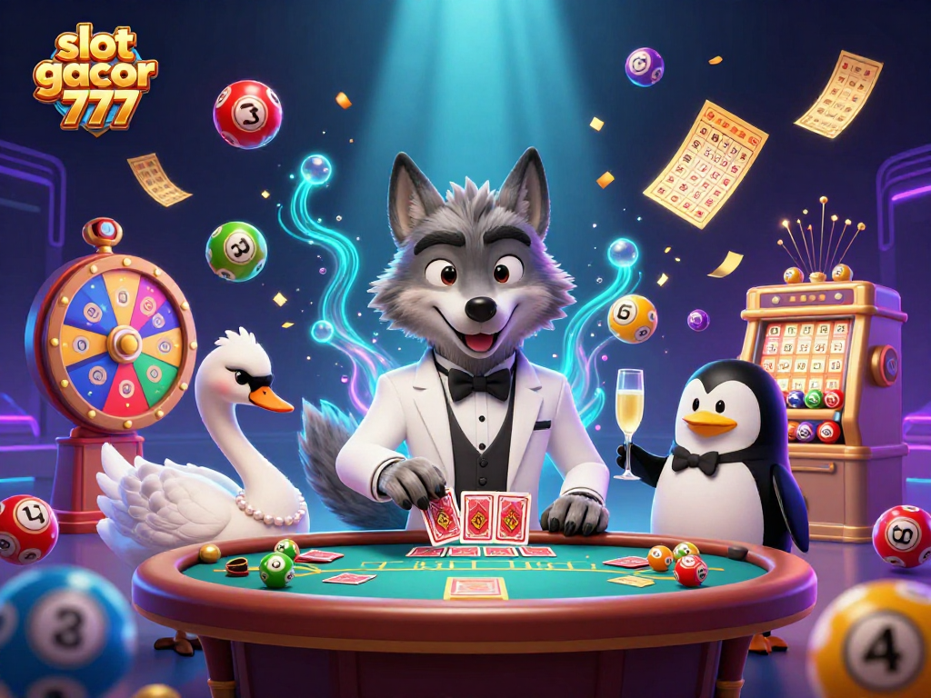 Engage in exciting gameplay at slot gacor 777 while colorful lottery balls and prizes surround a charismatic casino scene.