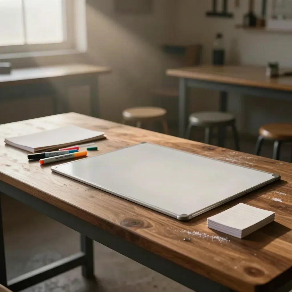 Workshop bench with markers, whiteboard, note pad and cards in warm late-afternoon light.