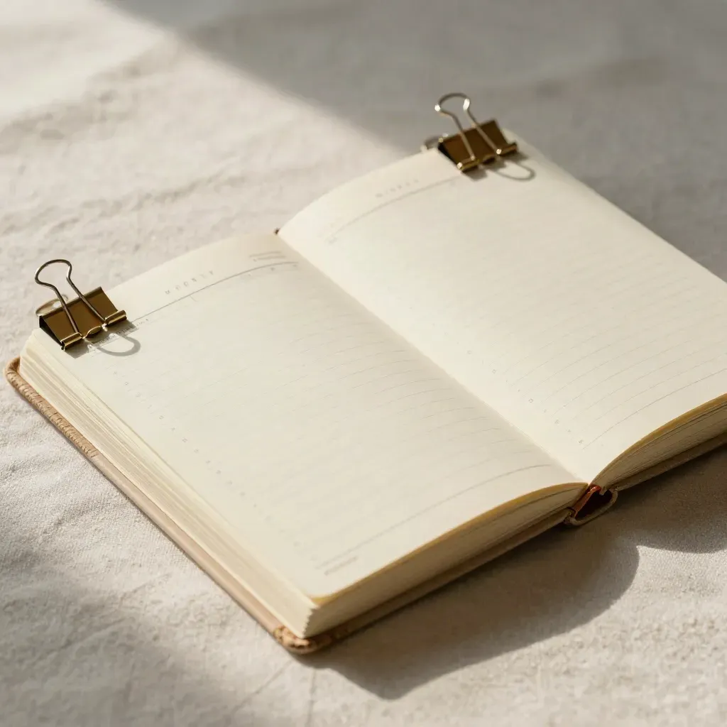 Overhead weekly planner with sticky flags, binder clips, and class notes on pale linen.