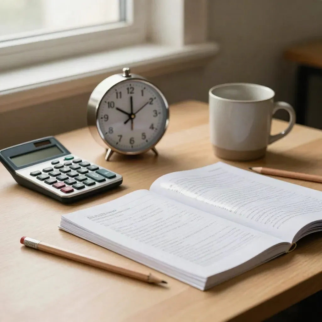 Exam-prep tools and countdown clock on a study desk, frozen in the final minutes.