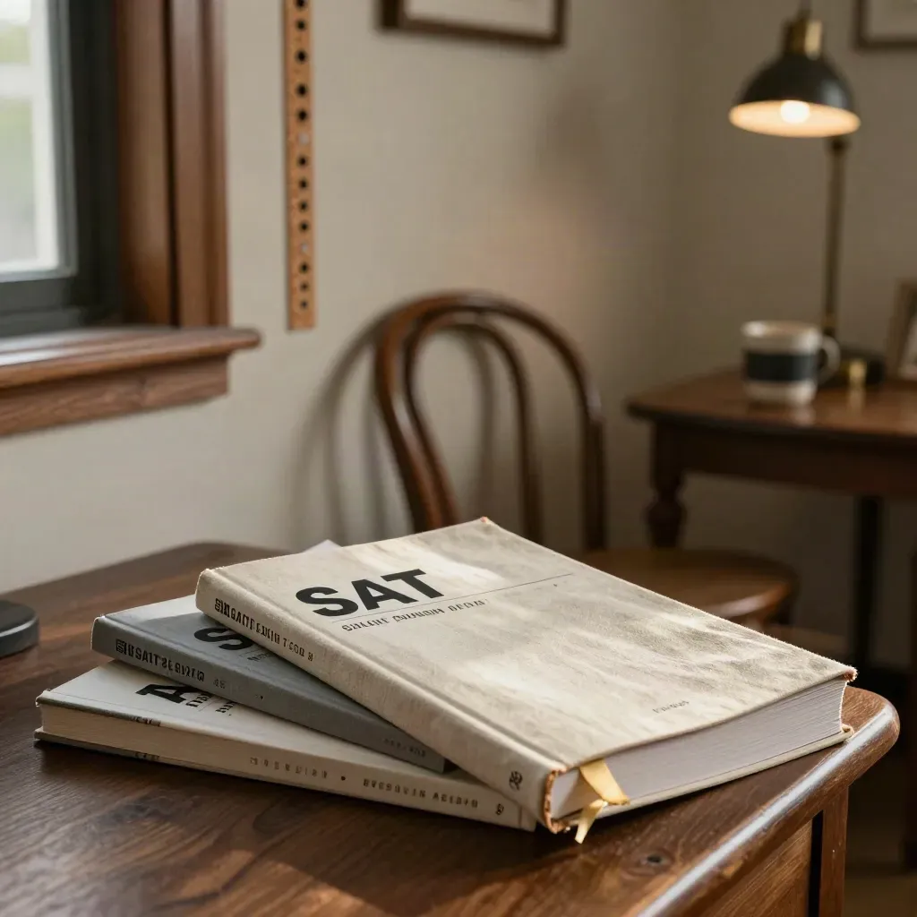 Sunlit study corner with closed SAT prep books, a gold tab, progress dots, and an empty chair