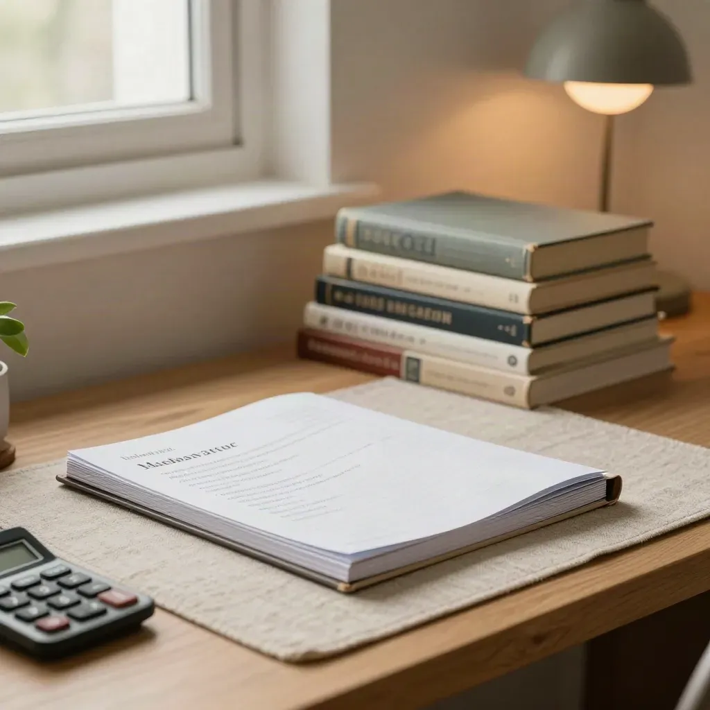 Cleared dorm desk with algebra binder, calculator, nursing textbooks, and a small plant in warm light