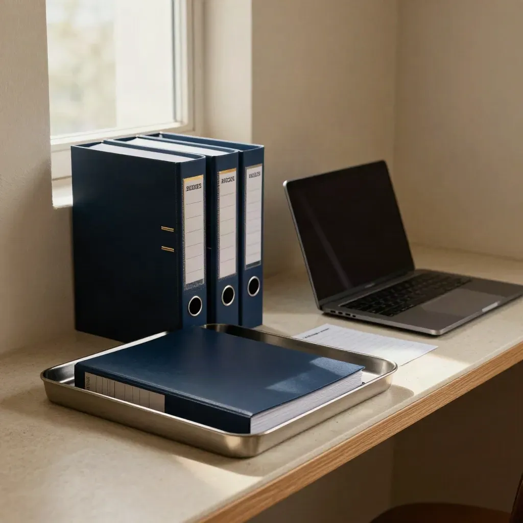 Three finished report binders, a closed laptop, and an empty inbox tray in a cinematic office nook.