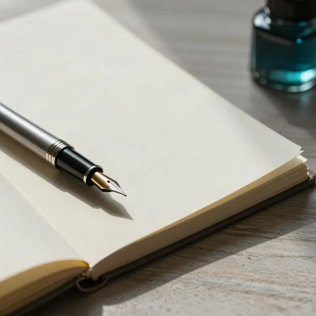 Macro of fountain pen, open notebook, and revised essay sheets on a pale wood desk.