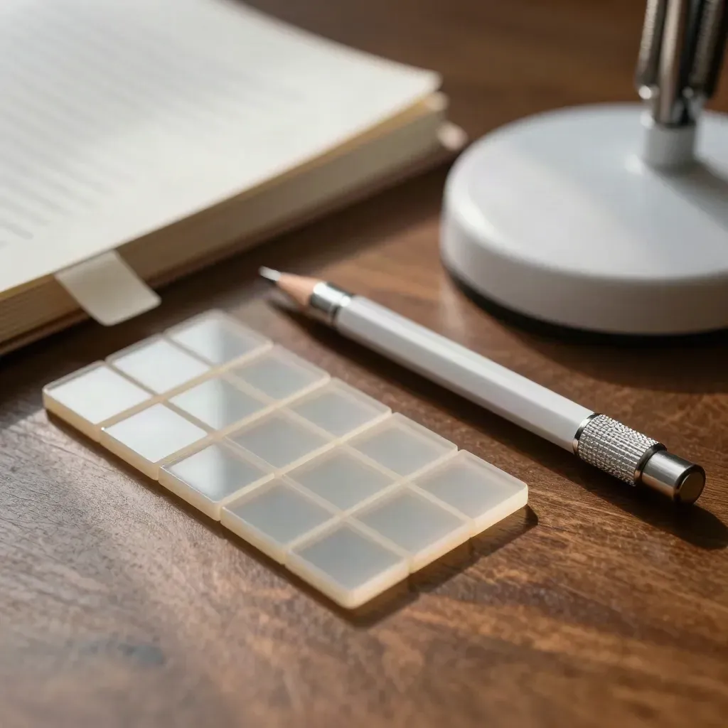 Macro still life of tutor tools on walnut: algebra tiles, tabs, pencil, and a white lamp.