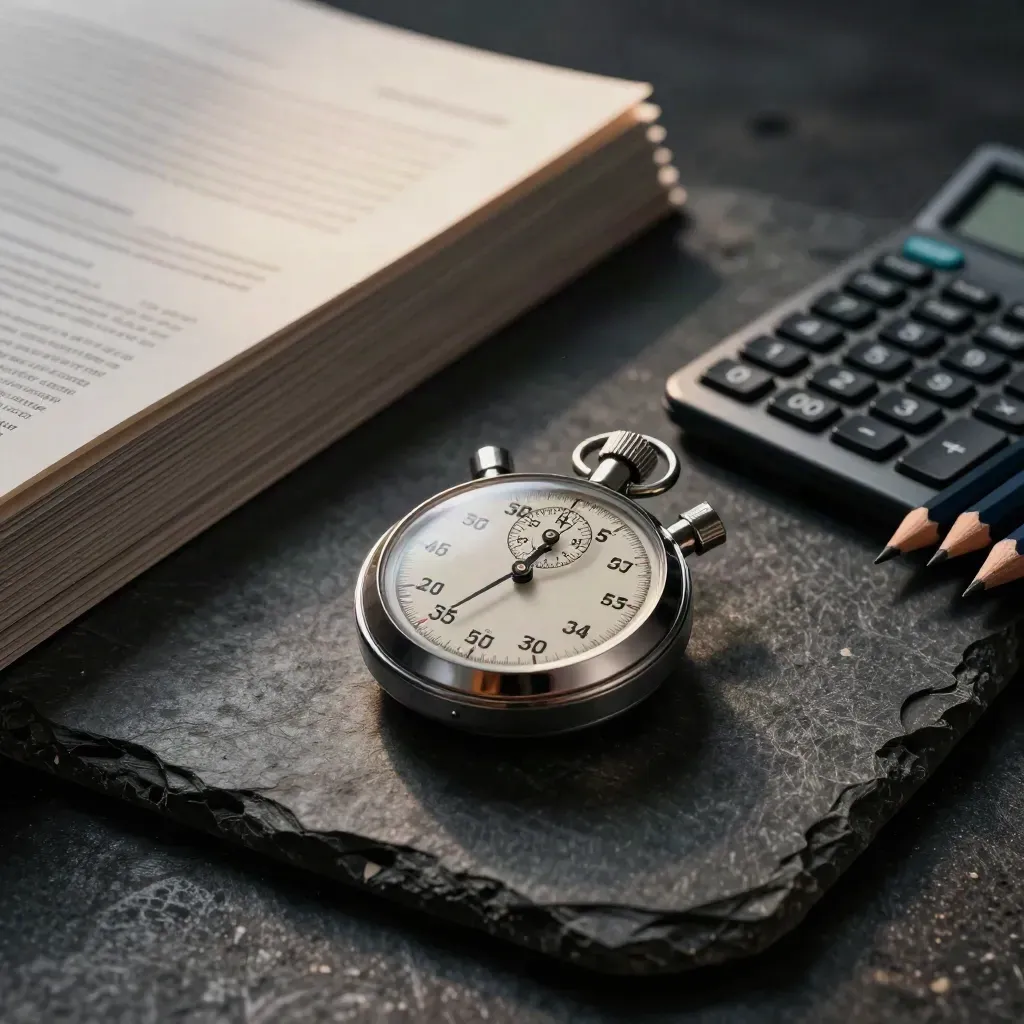 Stopwatch, calculator, pencils and scan sheets on dark stone under dramatic warm light.