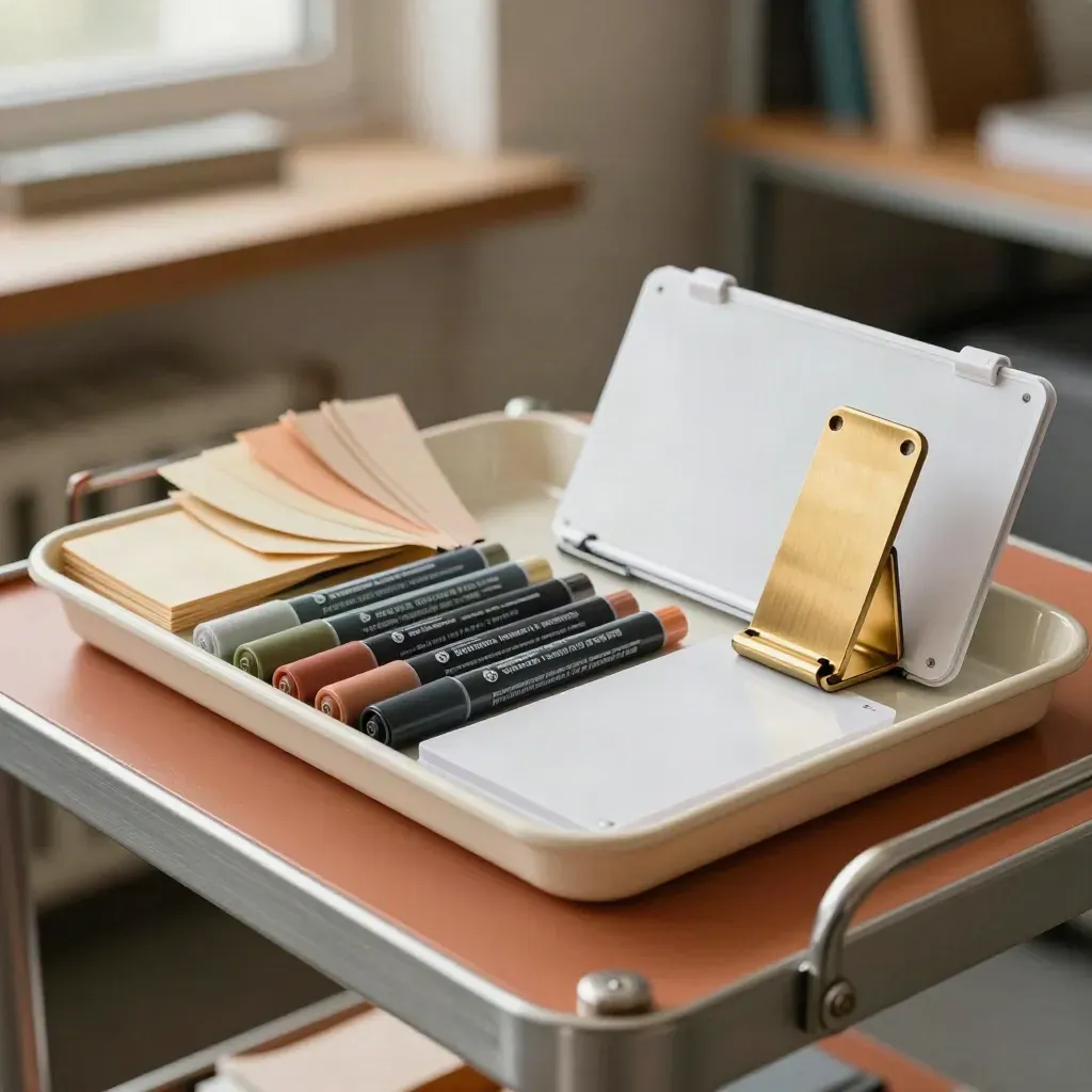 Compact workshop kit with markers, sticky flags, whiteboard tiles and a folded stand on a clay prep cart.