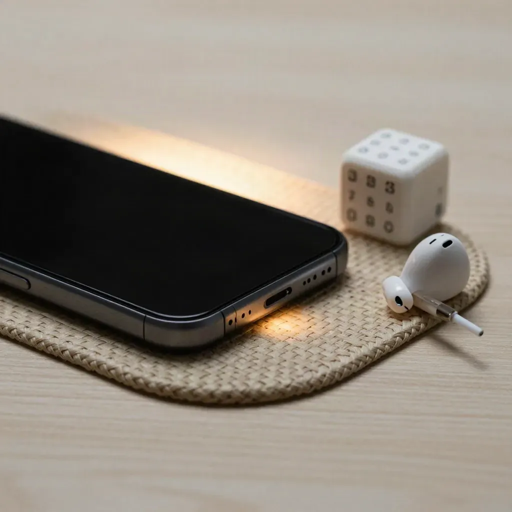 Face-down smartphone, earbuds, and calendar cube on pale wood charging pad