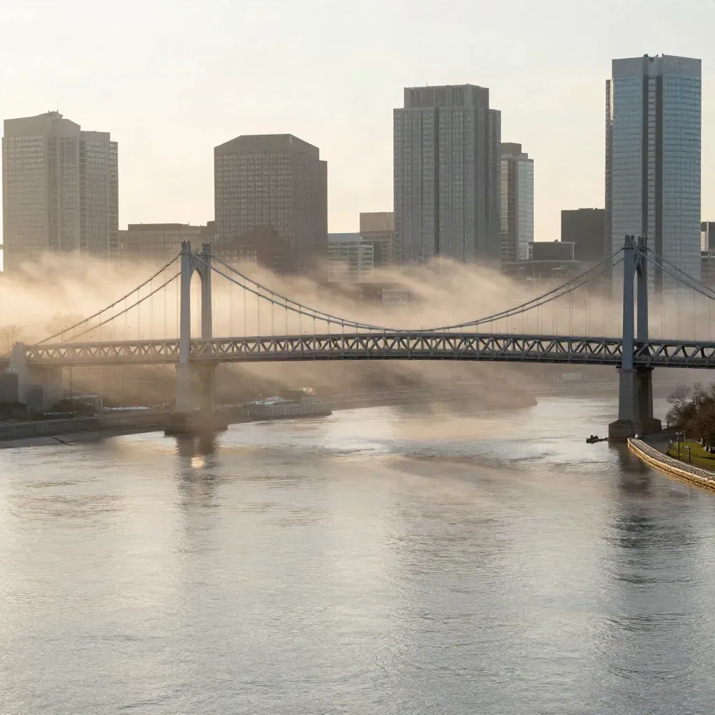 Boston sunrise over the Charles River, bridges glowing through mist with skyline high.