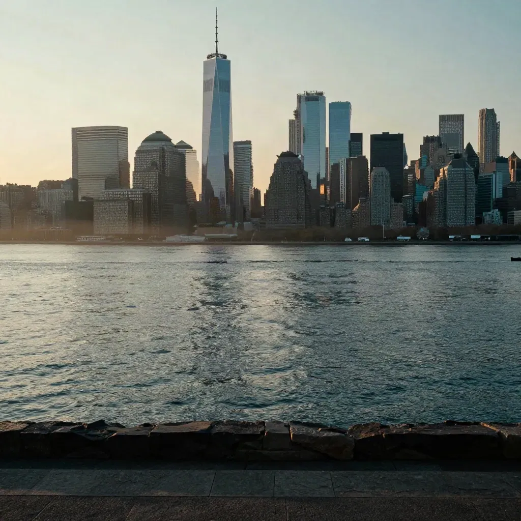 Manhattan skyline at dawn above calm river haze from a high riverside vantage.
