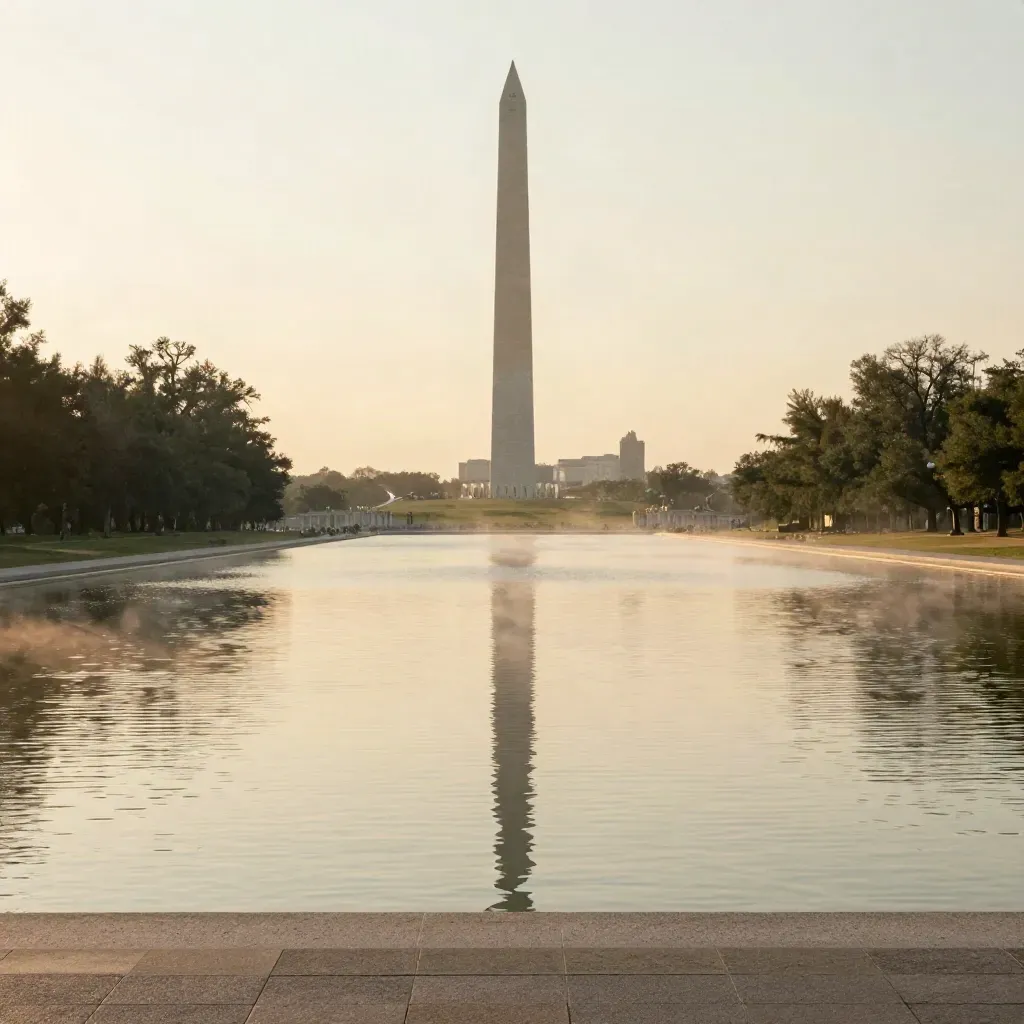 Washington Monument and Reflecting Pool in amber sunrise haze over calm water