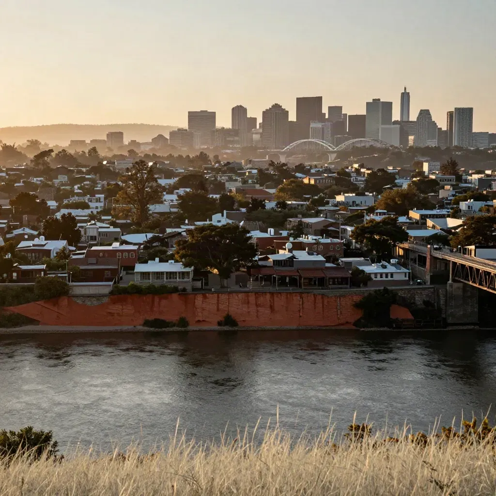 Hazy American horizon of rooftops, bridge, trees and city edges above a quiet river bluff.