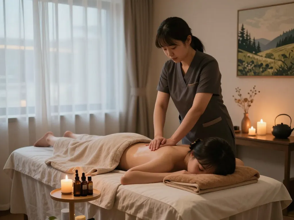 차분한 요소가 있는 평화로운 마사지룸에서 수행되고 있는 역삼동마사지