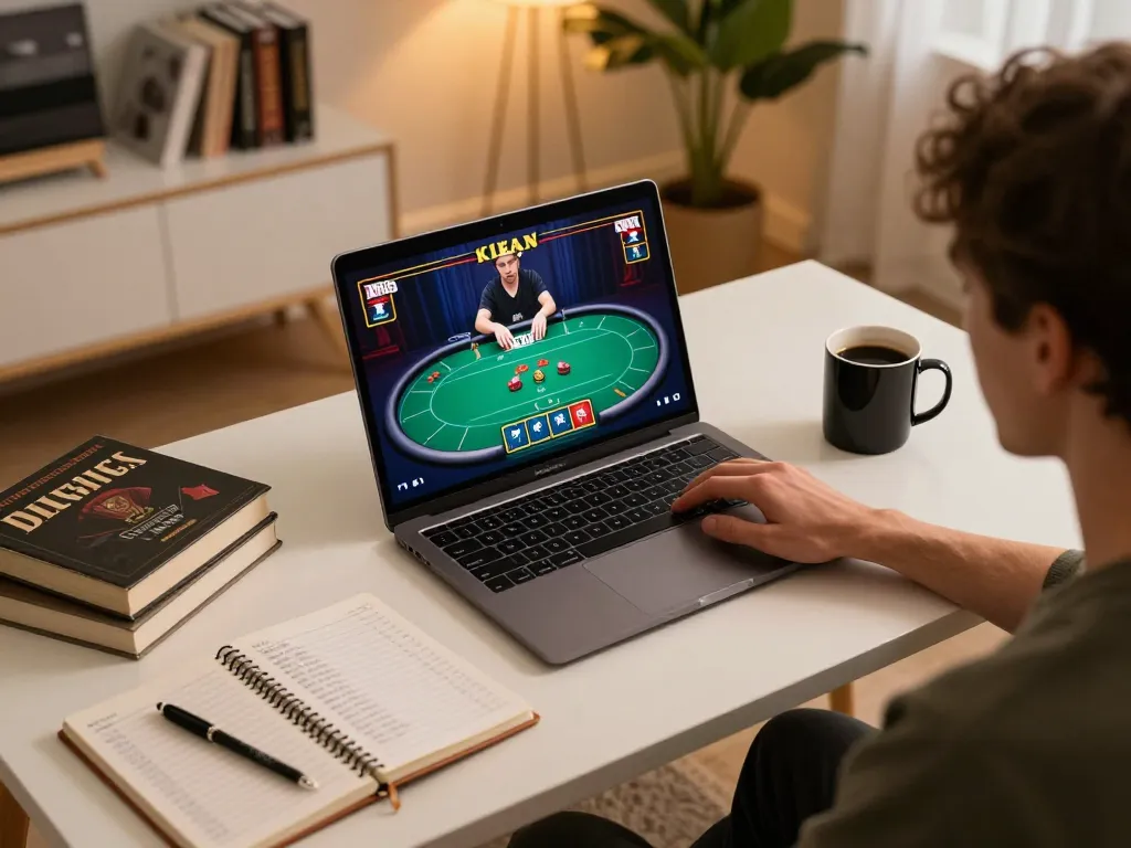 Engaged player utilizing 888VI on a stylish laptop, focused on high-stakes poker strategy in a cozy home setup