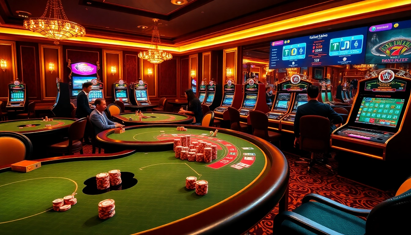 Joueurs engagés dans un luxueux casino en ligne français avec des tables vibrantes et un gameplay dynamique.