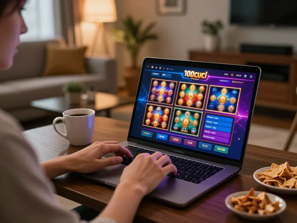 Engaging with 100cuci's online casino platform on a sleek laptop in a cozy home setting.