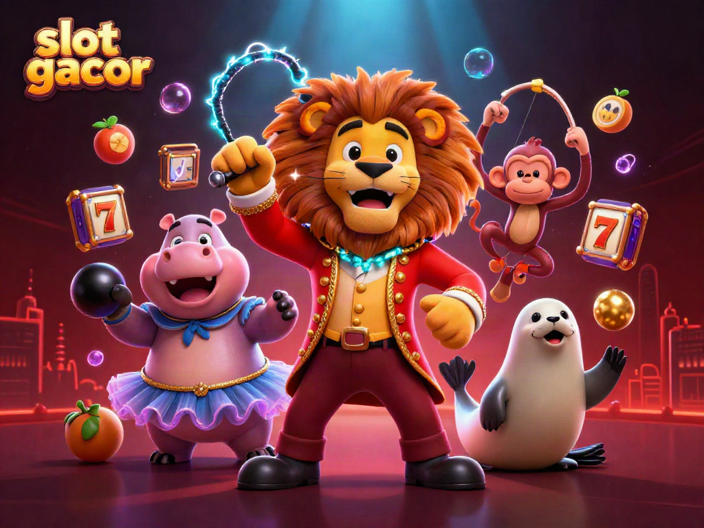Slot gacor menampilkan karakter lucu dan elemen permainan dalam ilustrasi 3D dengan efek kasino yang meriah.