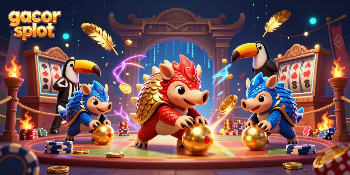 Engage with gacor slot action featuring rival pangolins playing amidst vibrant casino elements.